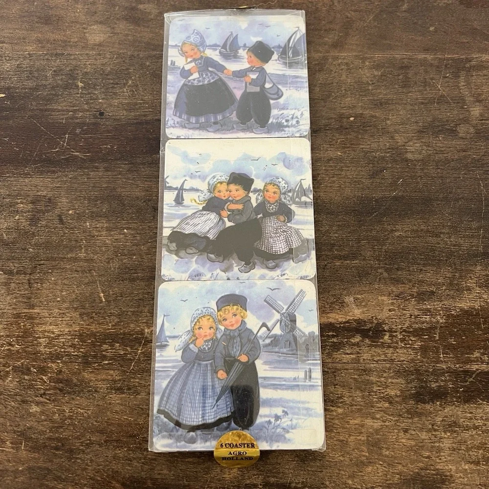 6 Dutch Scenes Blue Boy and Girl Cork board Back Drink‎ Coasters Barware Decor